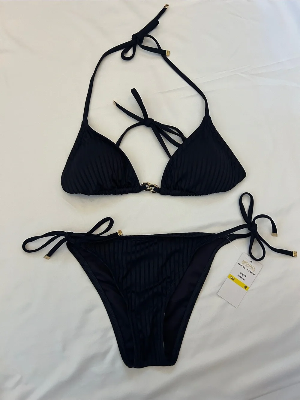Michael Kors Navy Ribbed Tie-Side Triangle Bikini